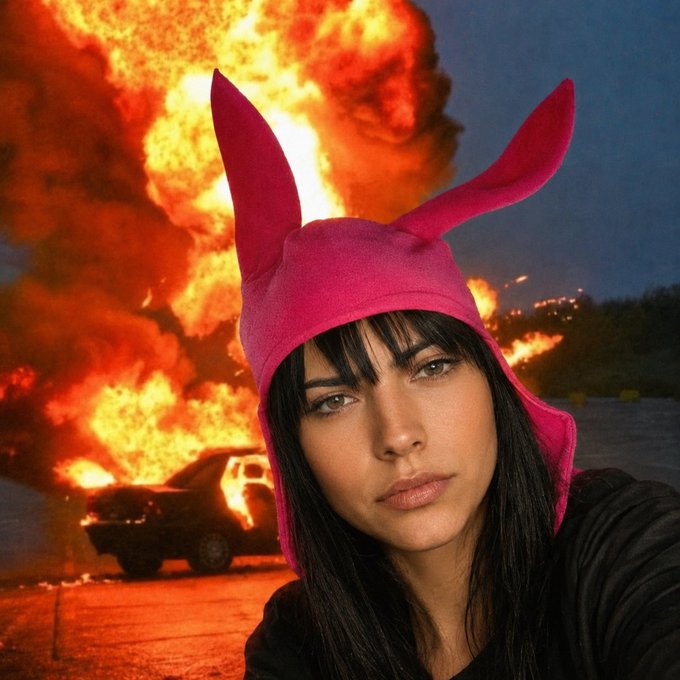 A woman wearing a bright pink bunny-ear hat posing in front of a large fireball and burning car in the background.