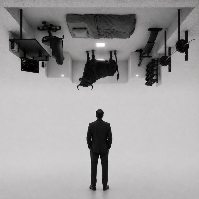 A businessman stands in a minimalist white room gazing at an inverted ceiling display featuring a charging bull, a bed, dumbbells, and financial charts—symbolizing how his lifestyle priorities appear "upside down." The post "ǝʇɐɹʎɯ ǝʇɐs" (rotated text reading "state my rates" or "rates my state" when flipped) reinforces the image's theme of inverted perspective.