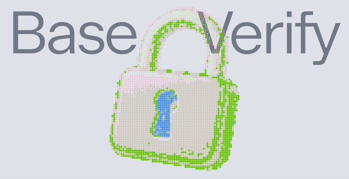 A digital graphic displays the text 'Base Verify' alongside a pixelated, glitch-art style padlock icon in green, pink, and blue colors on a light gray background.
