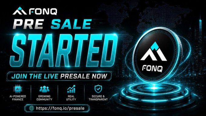 A FONQ cryptocurrency presale promotional banner declaring 'PRE SALE STARTED' with features like AI-Powered Finance and Growing Community.