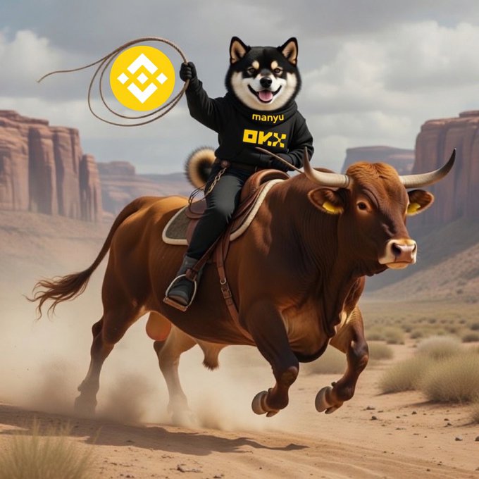 The image features a dog wearing a black jacket, riding a brown bull with a rope in its mouth. The dog appears to be holding onto the rope as if it were a lasso or whip. In the background, there are mountains visible behind the dog and the bull. The caption of the post reads "Always bullish on $MANYU". This suggests that the image is related to Bitcoin, possibly featuring an advertisement for Bitcoin or promoting a cryptocurrency-related product or service.

The dog's position in front of the mountains and its interaction with the rope create a sense of adventure and excitement, which could be associated with the concept of Bitcoin as a symbol of innovation and progress. The image might be used to convey a message about embracing new ideas or technologies, such as Bitcoin, and being open to change and growth.