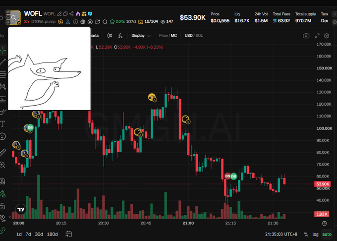 A cryptocurrency trading chart on GeckoTerminal showing the WOFL token (trading pair 3h DTGW_pump) priced at $53.90K with a downward trend, featuring an overlaid cartoon fox drawing in the top-left corner.