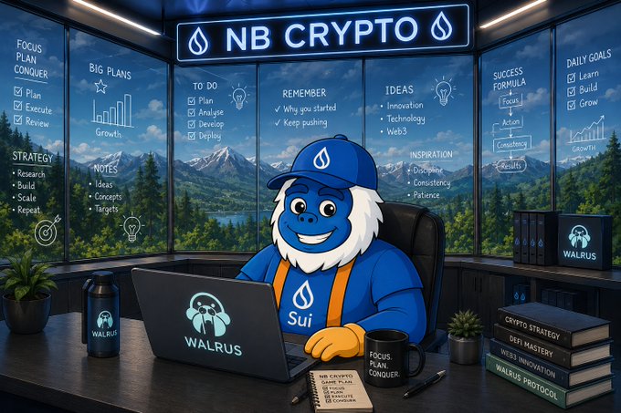 An illustrated blue furry character wearing a "Sui" cap sits at a desk with a "WALRUS" laptop, surrounded by vision boards labeled "NB CRYPTO" featuring goals like "Innovation," "Technology," and "Web3."