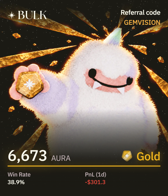 A digital card featuring a fluffy white monster character with a rainbow horn, labeled "* BULK" and "Gold" tier with 38.9% Win Rate, displaying 6,673 AURA and a referral code "GEMVISION" at the top.