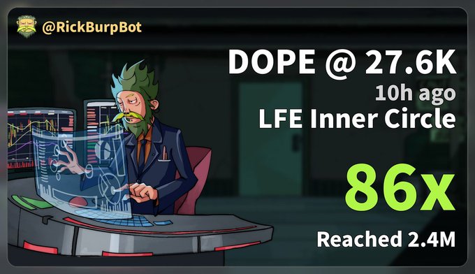 A social media post by @RickBurpBot advertising "DOPE @ 27.6K" 10h ago, showing a cartoon character with charts, priced at 86x with 2.4M reach.
