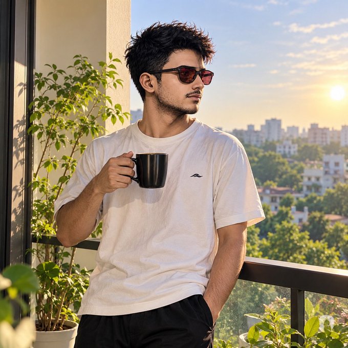 A young man wearing sunglasses and a white t-shirt holds a black mug on a sunny balcony overlooking a city.