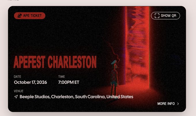 A digital ticket for 'APEFEST CHARLESTON' dated October 17, 2026, at 7:00 PM ET, with the venue listed as Beeple Studios, Charleston, South Carolina, United States.