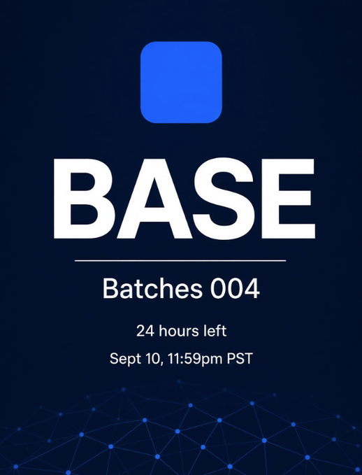 A promotional graphic with a blue logo for 'BASE', announcing 'Batches 004' with '24 hours left' and a deadline of 'Sept 10, 11:59pm PST'.