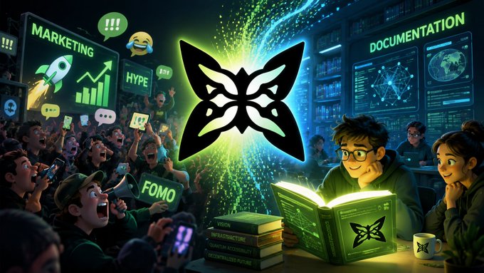 A vibrant illustration contrasting 'MARKETING' and 'HYPE' (with rocket, FOMO sign, and excited crowd) against 'DOCUMENTATION' (with focused people reading books), separated by a butterfly logo.