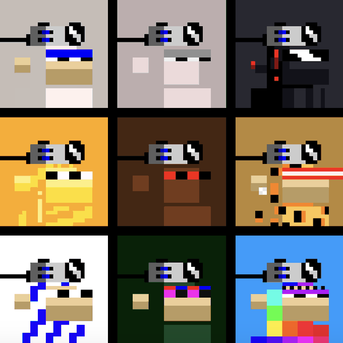 The image features a grid with nine squares, each containing an illustration of a character or object related to Bitcoin culture. The characters include a person wearing a blue shirt, a dog, a bear, a cat, a robot, a car, a person in a red shirt, and a person in a yellow shirt. These illustrations are part of the post "Ordinals is launching an unprecedented god-making movement on Bitcoin".