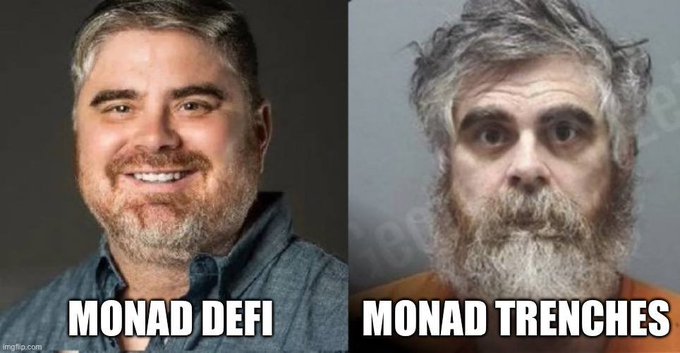 The image is a two-panel meme showing a smiling, well-groomed man labeled "MONAD DEFI" on the left contrasted with a disheveled, wild-haired mugshot labeled "MONAD TRENCHES" on the right.

The post laments how Monad's DeFi ecosystem is thriving and well-presented, while meme coin trading ("Monad trenches") has devolved into a grim, degenerate state where most traders chase influencer-shilled dumps instead of bidding on promising low-caps like $EMO before they pump.