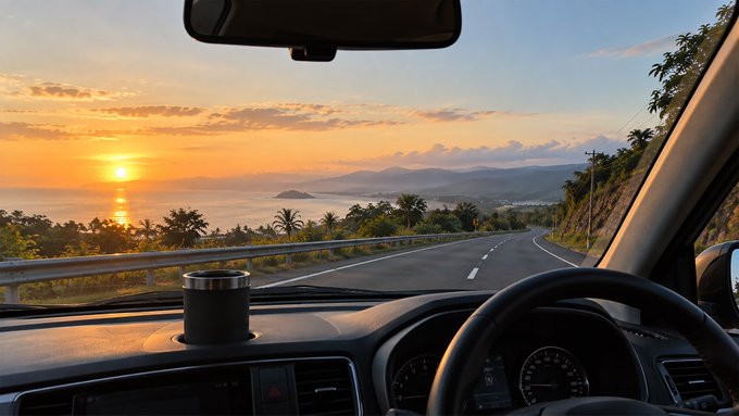 View from inside a car driving along a coastal road at sunset, showing the ocean, mountains, and islands ahead through the windshield.
