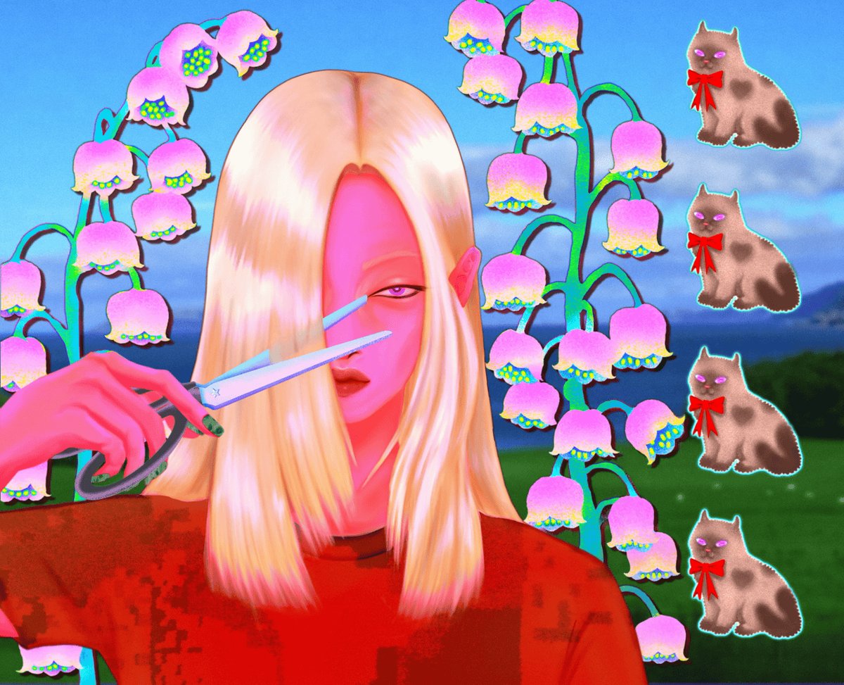 The image features a woman with blonde hair wearing a red shirt, holding scissors above her head as if cutting her own hair or someone else's. The background includes pink flowers and cats sitting around her. The caption of the image reads "GM & happy #tezostuesday! bangs! ⭑ 1/1 on @objktcom objkt.com/tokens/KT1BgiZ".