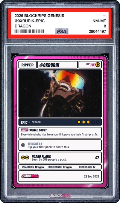 A graded PSA card labeled '2026 BLOCKRIPS GENESIS @0XRURIK-EPIC DRAGON' rated NM-MT 8, featuring a character named 'RIPPER @0XRURIK' with abilities like 'SIGNAL BOOST' and 'WINGBEAT'.