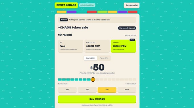 A teal-background webpage advertises the live "$CHAOS token sale" on Rainbow Chain, showing $0 raised and a soft cap of $20,000, with pricing at "$50" priced at $300K FDV and allocation options ranging from $10 minimum to $100 maximum—matching the post announcing that both whitelist and public sales are now open via playrentz.com.