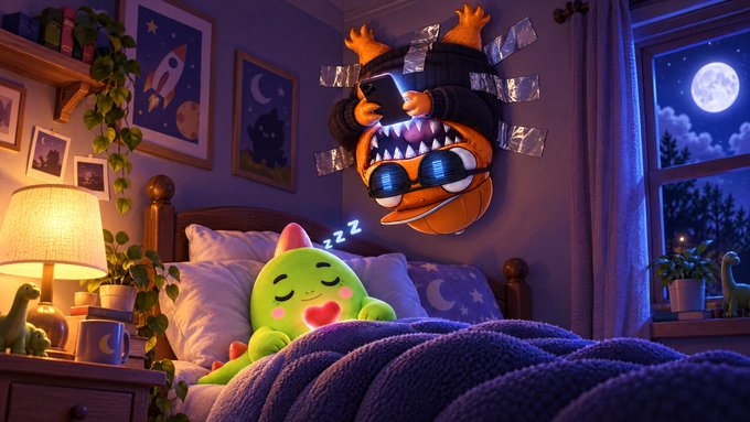 A digital artwork shows a green plush creature sleeping on a bed in a moonlit room while a larger orange monster hovers above, taking a photo with a glowing blue phone; 'zzz' floats above the sleeping creature.