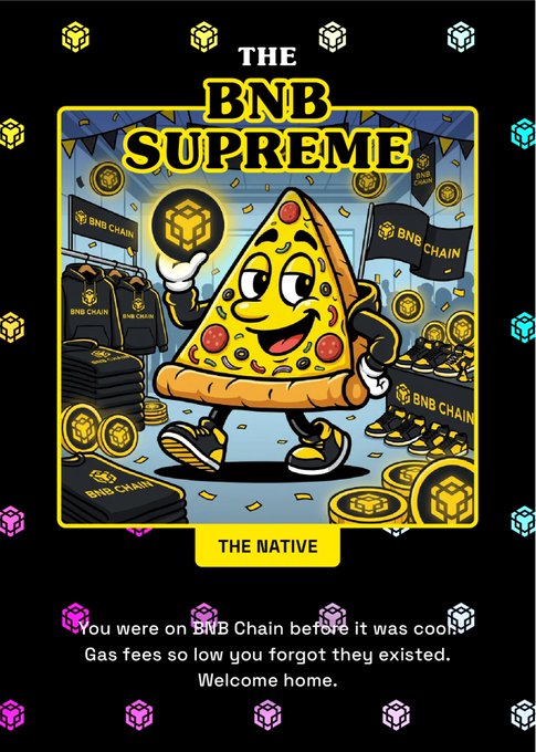 The image features a cartoon pizza character standing next to a stack of colorful cubes. The text "The BNB Supreme", "of course", and "gas fees so low you forgot they existed" are also present, along with an explanation about the post's content.