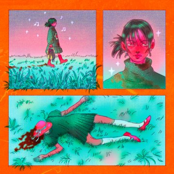A three-panel comic illustration with an orange border showing a girl walking in a field, a close-up of her face, and her lying dead in the grass with blood pooling around her head.