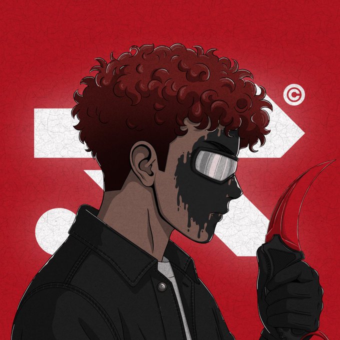 A stylized illustration of a dark-haired character wearing a black mask and tactical goggles, holding a red scythe against a bold red background with white geometric shapes and a copyright symbol. The imagery aligns with the post's announcement of a collaboration with Project R3D, evoking the dark, character-driven, and visually striking aesthetic of the project's "story starts in red" universe.