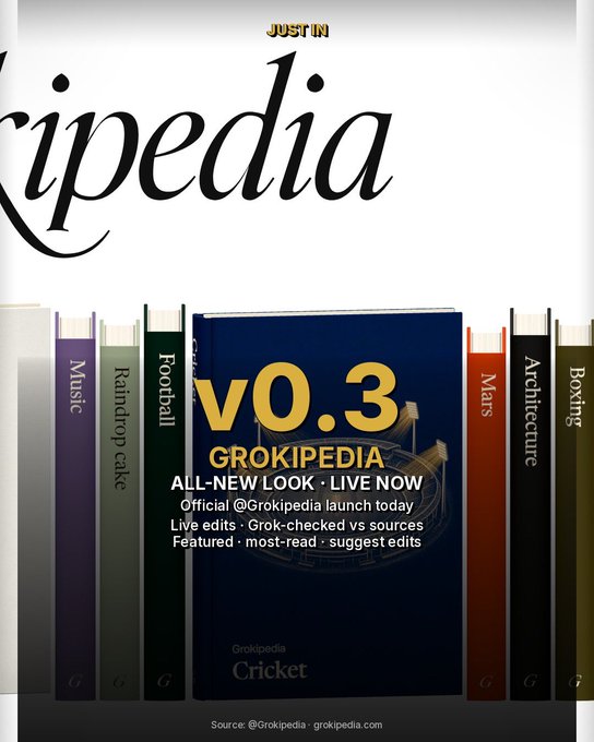 The image is a promotional graphic announcing "JUST IN" that Grokipedia has launched "v0.3" with an "ALL-NEW LOOK • LIVE NOW," highlighting features like official launch, live Grok-checked edits against sources, and new featured/most-read/suggest edit feeds. It visually represents the redesign with a bookshelf-style layout showing book "spines" labeled Music, Raindrop cake, Football, Cricket (the featured "v0.3" book), Mars, Architecture, and Boxing, directly mirroring the post's announcement of the revamped site available at grokipedia.com.