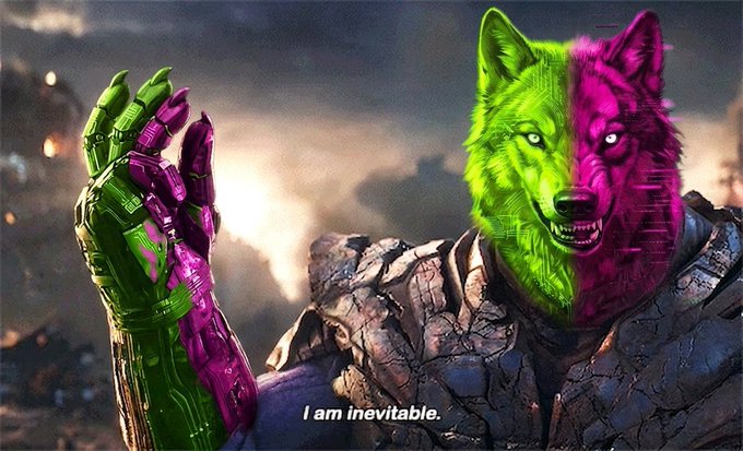 A wolf-like figure with a green and magenta armored hand raised declares "I am inevitable," directly echoing the post's message that "$PACK is inevitable" with a Thanos-inspired meme reference.