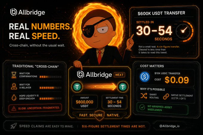 The image is an Allbridge promotional infographic titled "REAL NUMBERS. REAL SPEED." highlighting that a $600K USDT transfer settled in 30-54 seconds with only a $0.09 cost on a $10K transfer, contrasting traditional cross-chain delays with Allbridge's smart routing and native settlement. The accompanying tweet underscores the infographic's claim by emphasizing the impressive speed of a six-figure transfer clearing in under a minute, validating the numbers over typical marketing claims.
