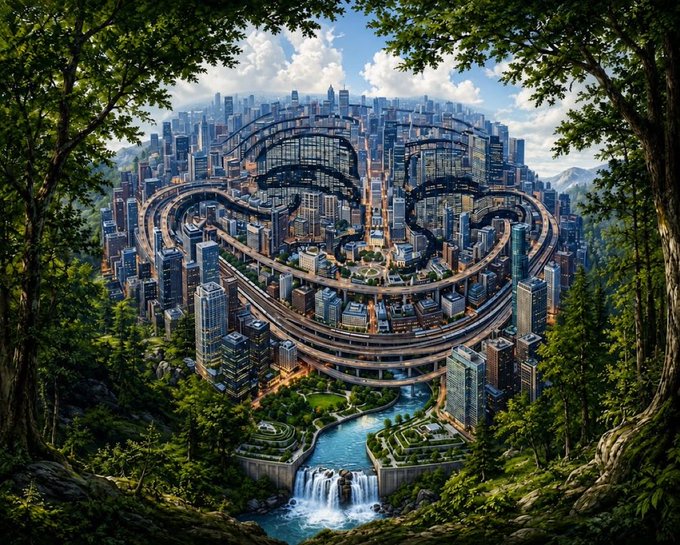 A fantasy landscape illustration showing a circular cityscape integrated with lush forests and a flowing river with a waterfall, all framed by trees.