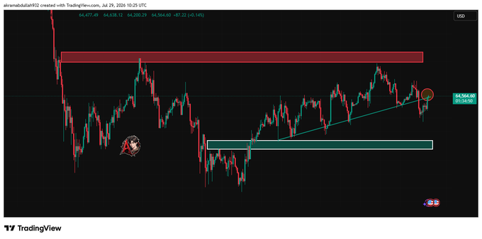 This TradingView chart shows Bitcoin's price action around $64,564.50 on July 29, 2026, with key support and resistance zones highlighted. The current price is testing a trendline support, crucial for determining the short-term trend.