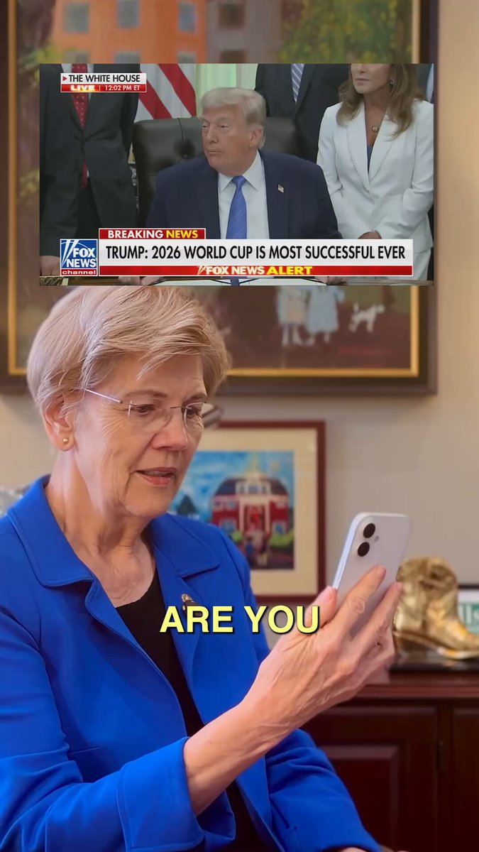 The image shows a woman sitting down, looking at her phone screen while wearing glasses. She appears to be reading an article or message related to the Trump family. The background of the image features a painting of the Trump family, which adds context to the content displayed on the woman's phone.