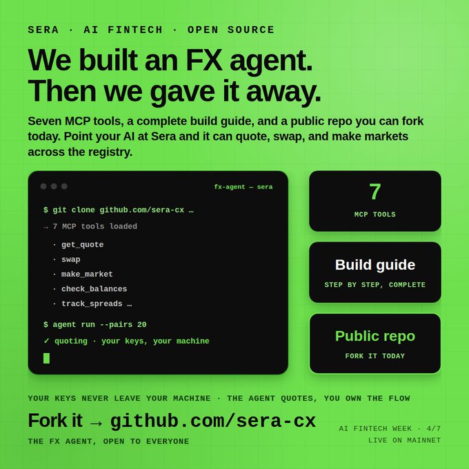 A bright green promotional graphic for Sera, an open-source AI fintech, advertises 'We built an FX agent. Then we gave it away' with details about 7 MCP tools and a public repo at github.com/sera-cx.