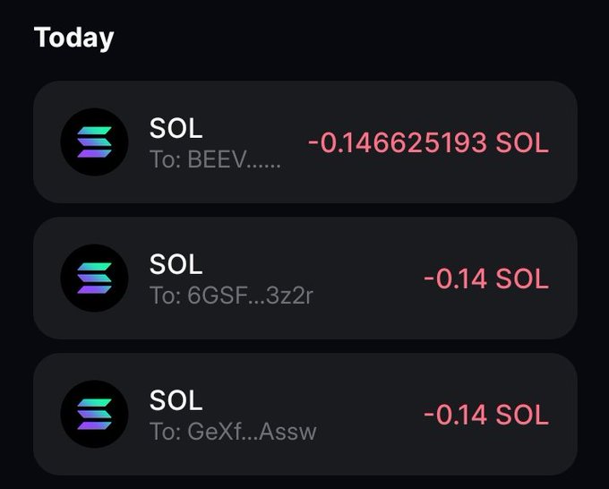 A mobile wallet screenshot showing three SOL (Solana) transactions under "Today" with outgoing amounts of -0.1466625193 SOL, -0.14 SOL, and -0.14 SOL sent to recipients BEEV, 6GSF...3z2r, and GeXf...Assw, serving as evidence that the giveaway prize money was distributed to the winners.