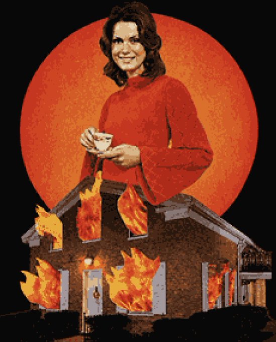 A vintage-style illustration shows a smiling woman in a red turtleneck holding a teacup, set against a large orange sun backdrop, towering over a burning house with flames bursting from its windows and rooftop. The dramatic collage visually captures the ironic caption about home insurance disasters, fitting the "Art on Bitcoin" collage series theme.