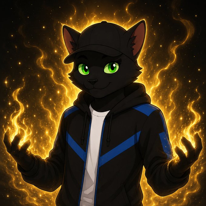 Digital illustration of an anthropomorphic black cat with bright green eyes wearing a black and blue hoodie and cap, surrounded by golden flames against a starry background.