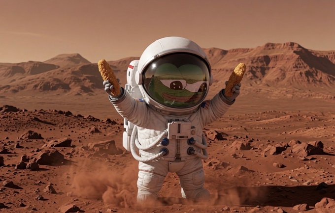 An astronaut in a white spacesuit stands on a red, rocky Martian landscape, holding up two corn cobs with a reflection visible in the helmet visor.
