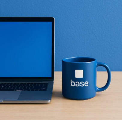 The image features a laptop computer sitting next to a blue coffee mug that has "Base" written on it, along with an "MCP" logo. The background of the image is a solid blue color. There are no other objects or texts in the image, and they appear to be stationary, suggesting that the focus is solely on the laptop and its accompanying mug.