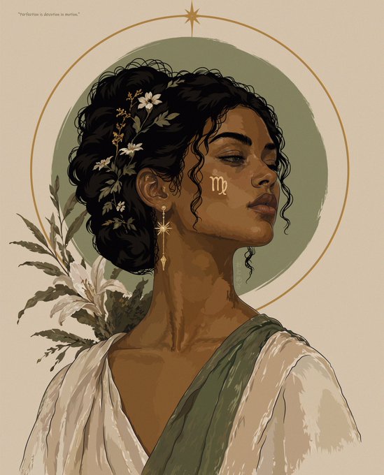 A digital illustration of a woman with dark curly hair adorned with white flowers, wearing a white and green draped garment, with a Virgo astrological symbol on her cheek.