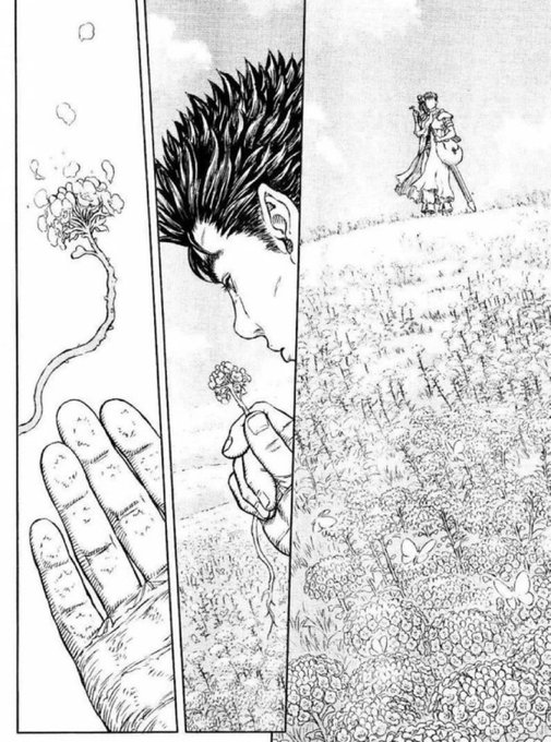 A black and white manga panel showing a close-up of a person looking down at a small flower in their hand, with another figure standing in a field in the background.
