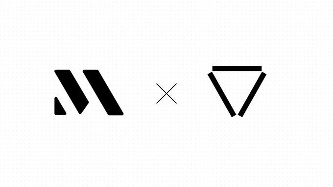 The image shows the Metaplex "M" logo alongside a thin "×" separator and the Voight "V" logo, representing the partnership integration between the two platforms. This visual collaboration mark supports the announcement that Voight is integrating with the Metaplex Agent Registry to bring AI agents onchain with identity, ownership, and observability on Solana.