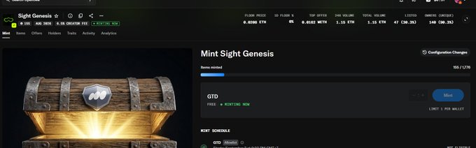 A webpage screenshot for "Mint Sight Genesis" showing a glowing treasure chest, with stats like "FLOOR PRICE 0.0280 ETH" and a "Mint" button visible.