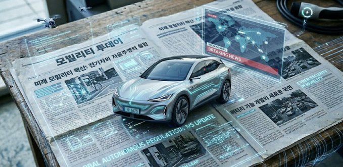 The image features a futuristic car displayed on top of a newspaper, with the headline "AMO 2026년 6월 2째주 뉴스 요약입니다." The car is shown in 3D and appears to be floating above the paper. The background includes a wooden table, which further emphasizes the futuristic nature of the scene.