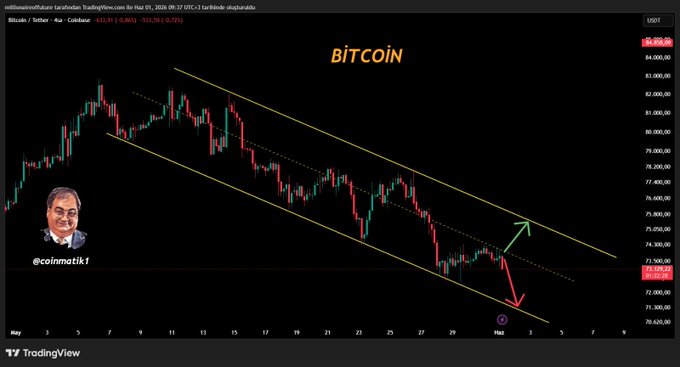 The image shows a graph of Bitcoin's price over time with a downward trend. The Bitcoin price has been decreasing since January, reaching its lowest point at $83,000 in February. The first target for this cryptocurrency appears to be $65,000. This suggests that someone might have predicted the Bitcoin price would drop below $65,000 and decided to invest or sell their Bitcoins accordingly.