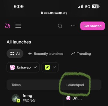 The image shows the Uniswap app at app.uniswap.org, where "$FRONG" is listed at the top of the "Uniswap Launchpad" section, confirming its featured placement on the platform's official site.