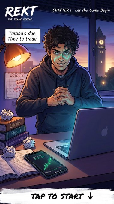 A comic-style illustration titled 'REKT: Tap. Trade. Repeat.' showing a character at a desk with calculus and computer science textbooks, with text reading 'Tuition's due. Time to trade' and 'Tap to Start.'