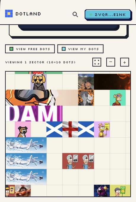 Screenshot of a website called 'DOTLAND' displaying a 10x10 grid of various pixel art images, including characters, flags (Scotland, England), and text reading 'DAMI'.