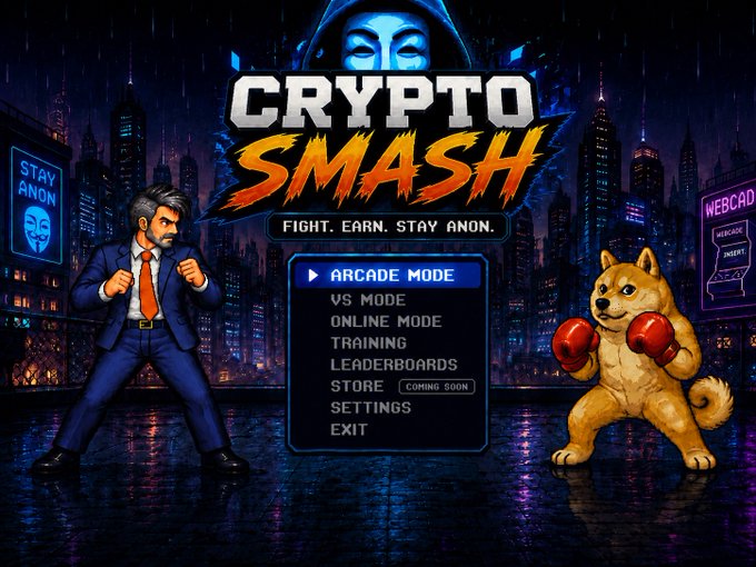 A video game menu screen titled 'CRYPTO SMASH - FIGHT. EARN. STAY ANON.' shows pixel art characters including a businessman, a hooded hacker figure, and a dog in boxing gloves, with menu options like Arcade Mode, Online, and Training.