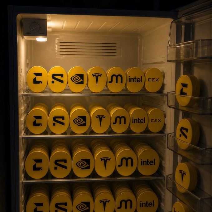 A refrigerator is fully stocked with rows of gold coins branded with tech company logos including "intel," "CEX," and recognizable symbols resembling Tesla, Meta, and NVIDIA, playfully visualizing a "stocked" portfolio.