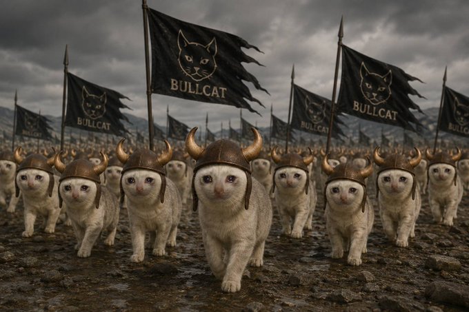 A massive army of small white ferrets wearing horned Viking helmets marches across a muddy battlefield under stormy skies, carrying black flags emblazoned with a cat logo and the text "BULLCAT." The war-charged, meme-styled imagery reflects the post's hype for "$BULLCAT" rallying toward a new all-time high (ATH) and pumping its community of holders.