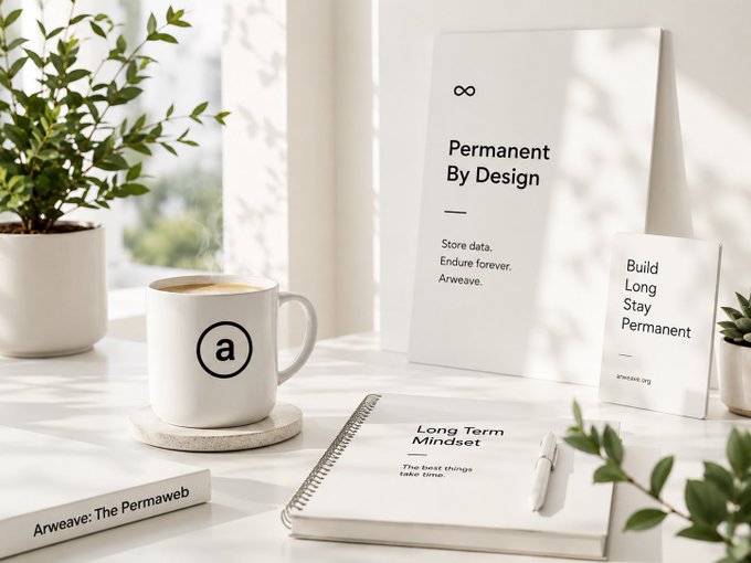 A minimalist product mockup display featuring a mug with an 'a' logo, a book titled 'Arweave: The Permaweb', a notebook labeled 'Long Term Mindset', and cards reading 'Permanent By Design' and 'Build Long Stay Permanent'.