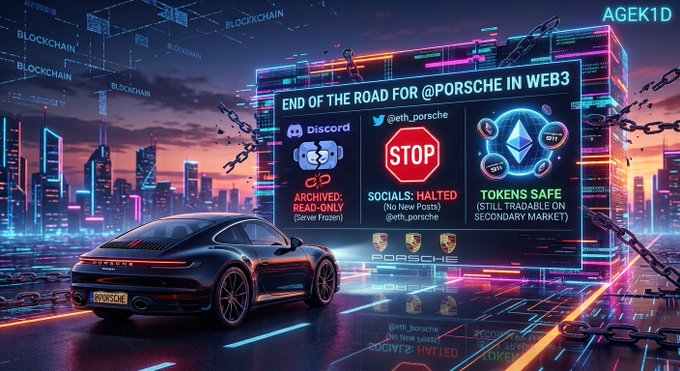 A digital artwork titled 'END OF THE ROAD FOR @PORSCHE IN WEB3' showing a black Porsche against a neon cyberpunk cityscape with information about halted socials, archived read-only Discord, and safe tokens on ETH.