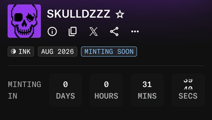 NFT project page for 'SKULLDZZZ' on Ink blockchain, with 'AUG 2026' and 'MINTING SOON' tags, showing a countdown of 0 days, 0 hours, 31 minutes, and 39 seconds.